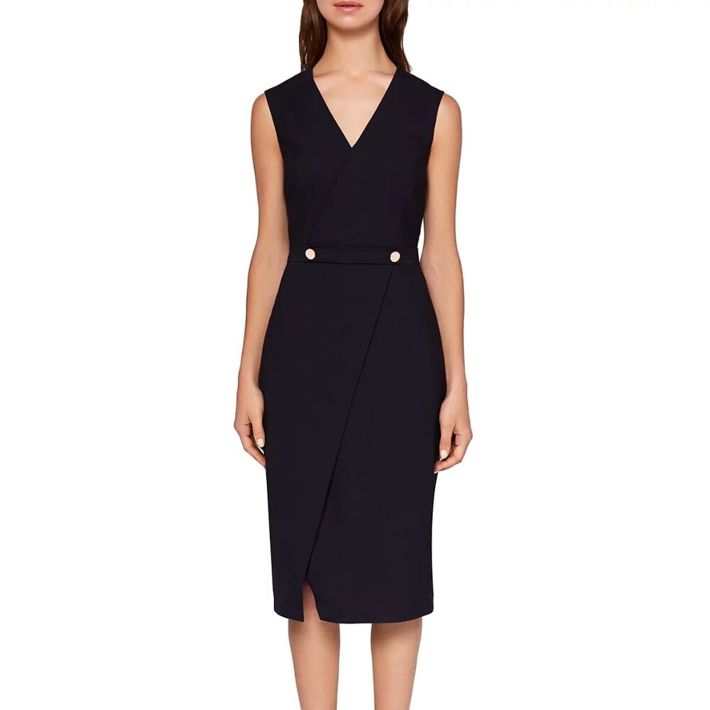 Cerisad Faux-Wrap Suit Dress with Rose Gold Buttons